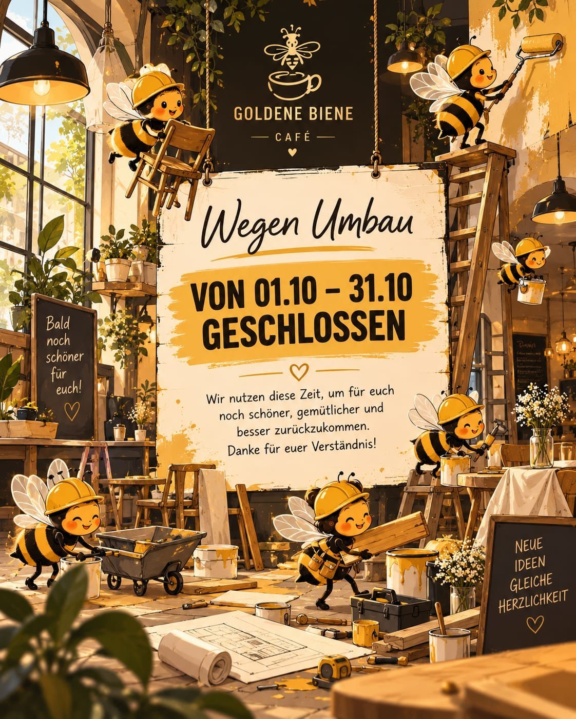 Café Goldene Biene – Wegen Umbau vom 01.10. bis 31.10. geschlossen. Danke für euer Verständnis!